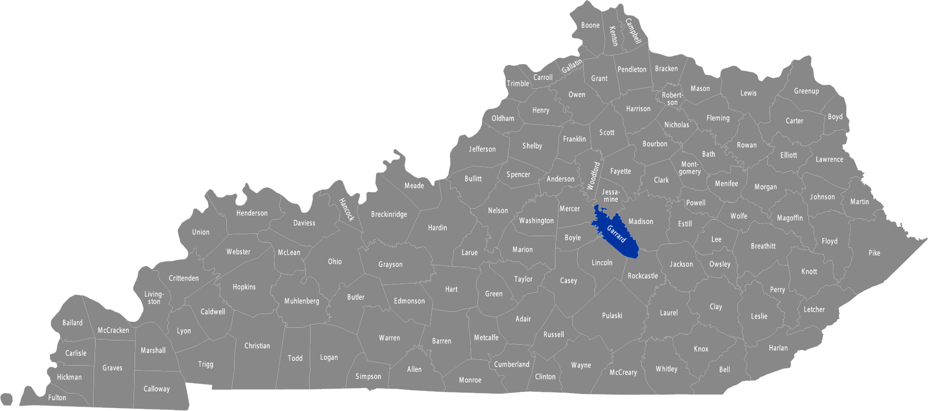 State of Kentucky map with Garrard County highlighted